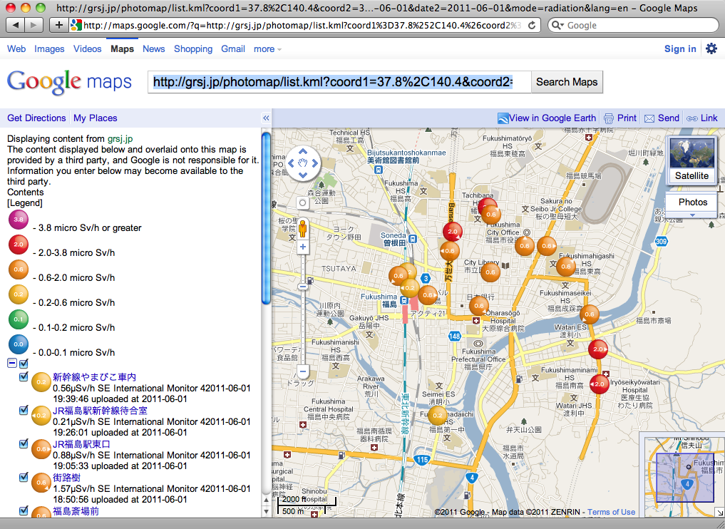 Radiation Photo Map of Fukushima CIty (June 1, 2011, measured on foot)