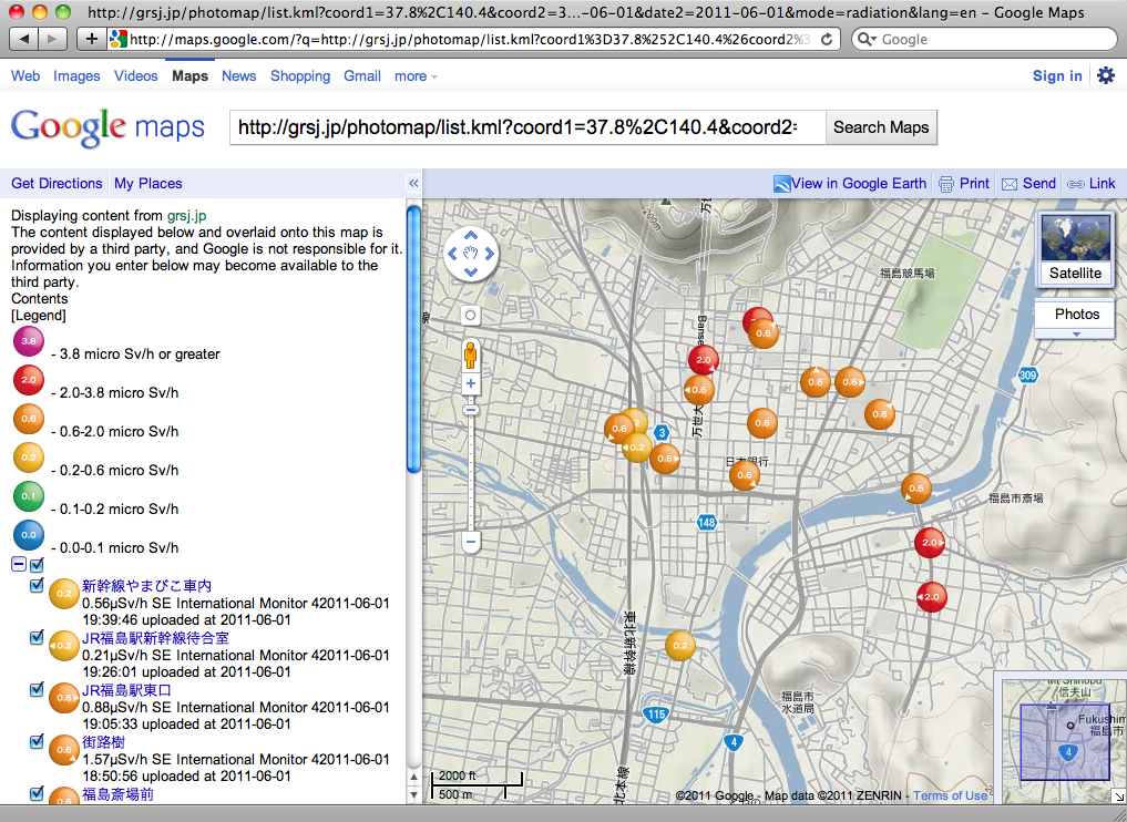 Radiation Photo Map of Fukushima CIty (June 1, 2011, measured on foot, with terrain)