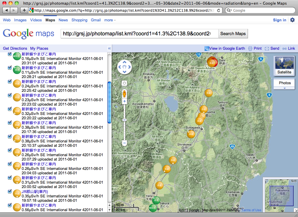 Radiation Photo Map of Tohoku Shinkansen (June 1, 2011, measured on board)