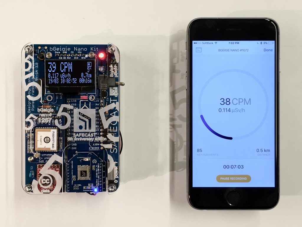 The bGeigie Nano 5th Anniversary edition with the Bluetooth Interface module and Drivecast App