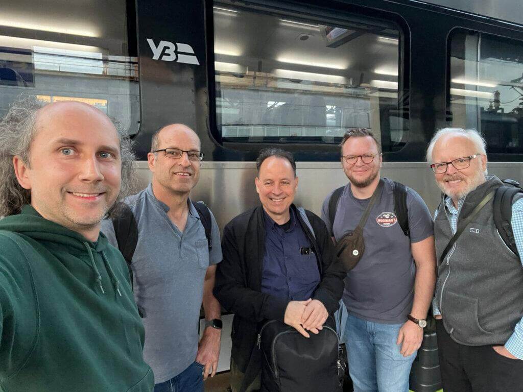 The Safecast/Blues Inc team is met at Kyiv Railroad Station by Pavlo Tkachenko of SaveDnipro, May 5, 2024. From left to right: Pavlo Tkachenko, Joe Moross, Azby Brown, Neil Ozzie, Ray Ozzie