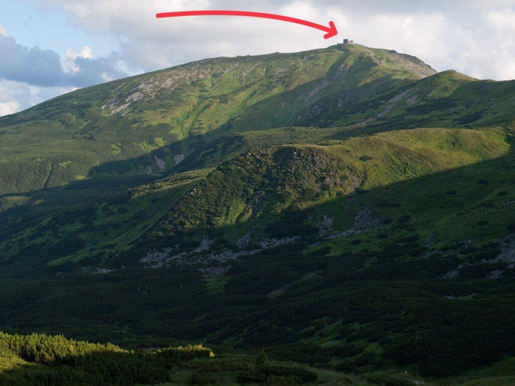 Distant view of the observatory at the summit of Mt. Pip Ivan (indicated by arrow).