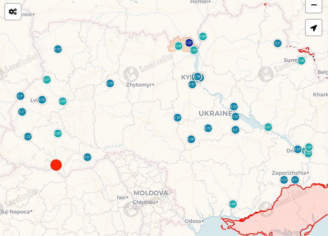 SaveEcoBot map of Radnote sensor locations in Ukraine, with Mt. Pip Ivan indicated by a red dot.